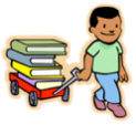 boy pulling a wagon with books stacked